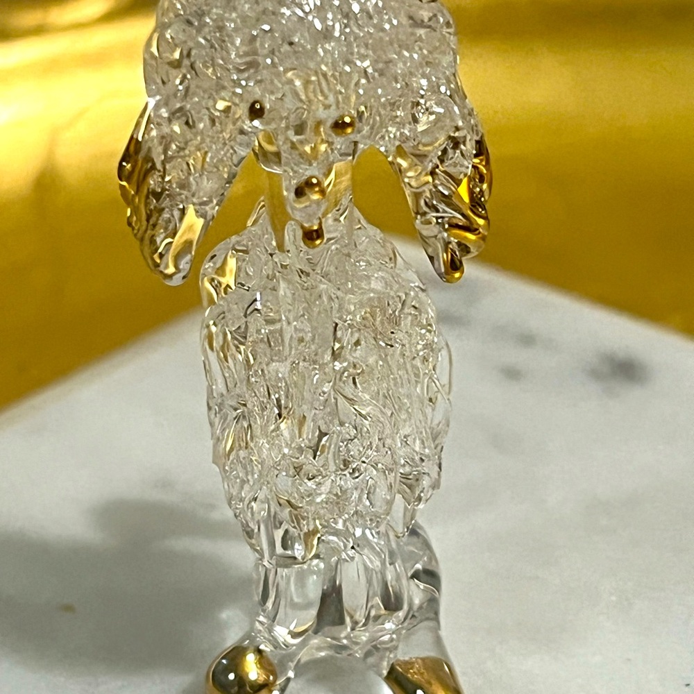GLASKUNST LAUSCHA Handblown Clear Art GLASS Poodle Dog w/ Gold Accents Figurine